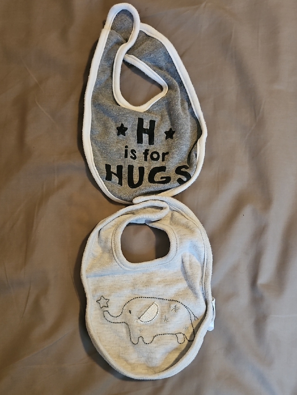 Baby Bib Set - Grey 'H is for Hugs' & Elephant Design